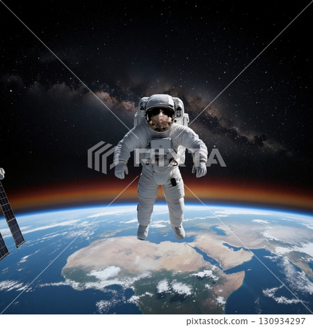 Astronaut on a spacewalk in orbit above Earth. 130934297