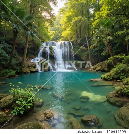 Waterfall in a lush jungle. Turquoise water pool. 130934299