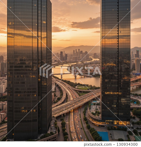 Aerial view of a modern cityscape at sunset. Skyscrapers framing a highway and river. Urban development concept. 130934300