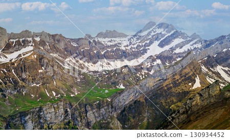 Majestic alpine landscape featuring rugged mountains and snow-capped peaks under a clear blue sky 130934452