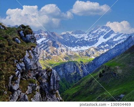 Majestic mountain landscape with snow-capped peaks and lush green valleys under a blue sky with fluffy clouds 130934469