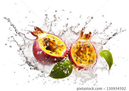 Fresh passion fruit halves frozen mid-splash, showcasing vibrant colors and dynamic water droplets 130934502