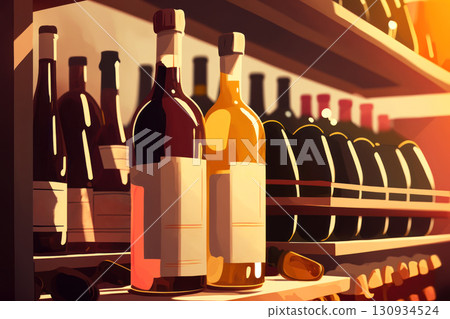 Elevate your project with this vibrant image of stylized wine bottles on a shelf 130934524
