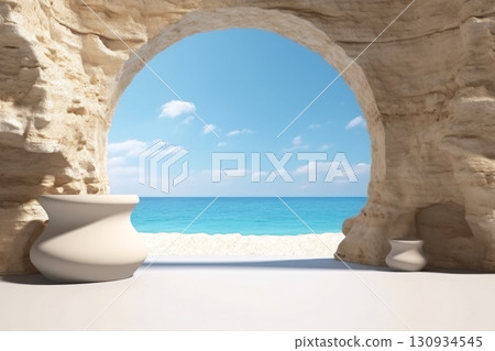 Escape to serenity with this idyllic view through a cave arch 130934545