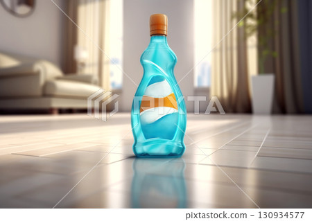 High-resolution image of a colorful detergent bottle on a wooden floor 130934577