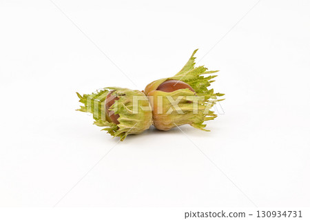 Two nuts with green leaves on top 130934731