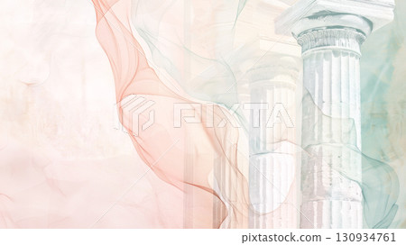 Classical marble columns with pastel hues and flowing translucent fabric, creating blend of elegance and tranquility. Concept for architectural decor, luxury branding, and refined artistic backgrounds 130934761