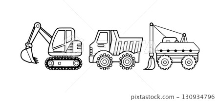 Construction machinery including an excavator, dump truck, and bulldozer in a workspace setting at a building site 130934796