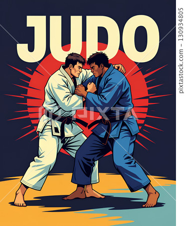 Two judokas fighters in blue and white judogi uniforms. Judo grapple scene comics book style illustration with text word. 130934805