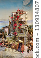 Scenes of daily life in an ancient Neapolitan nativity scene with figurines and the Gulf of Naples. 130934807