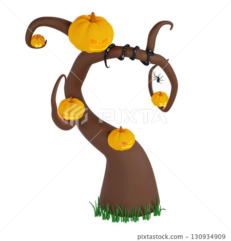 3d halloween tree decorated with jack-o'-lanterns and spooky ornaments, festive holiday concept isolated on transparent background 130934909