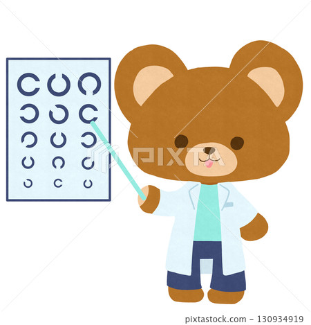 一隻穿著白大褂的熊正在進行視力檢查的插圖 一隻穿著白大褂的熊正在進行視力檢查的插圖 130934919