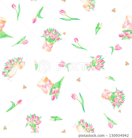 Festive seamless pattern with bouquet, template, box with bow, pink tulips, butterfly hand drawn in watercolor. Festive seamless pattern with bouquet, template, box with bow, pink tulips, butterfly hand drawn in watercolor. 130934942