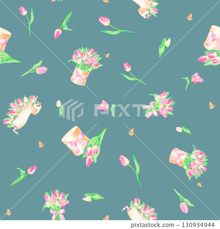 Festive seamless pattern with bouquet, template, box with bow, pink tulips, butterfly hand drawn in watercolor. Festive seamless pattern with bouquet, template, box with bow, pink tulips, butterfly hand drawn in watercolor. 130934944