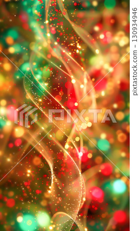 Golden swirling ribbons with sparkling lights in red, green, and gold hues, evoking festive holiday spirit. Concept for Christmas and New Year backgrounds, party invitations, and celebratory designs 130934946