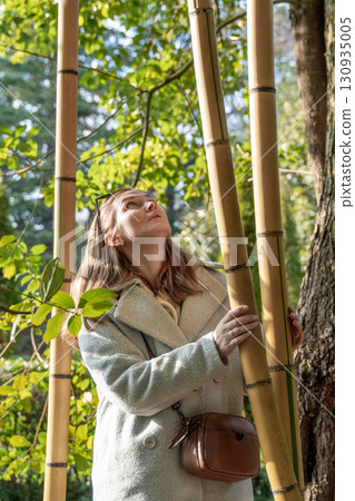 Bamboo Forest Woman Autumn Sunlight: Peaceful contemplation amidst tall bamboo stalks in autumn sunlight. 130935005