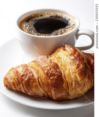 A steaming cup of coffee next to a butter croissant A steaming cup of coffee next to a butter croissant 130935033