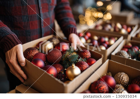 Man in Christmas pajamas opening boxes with Christmas decorations to start decorating 130935034