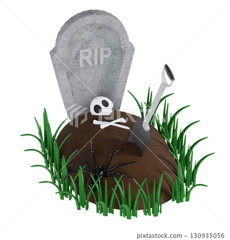 Spooky 3d cemetery scene with weathered tombstone, skull and giant spider, halloween horror setting Spooky 3d cemetery scene with weathered tombstone, skull and giant spider, halloween horror setting 130935056