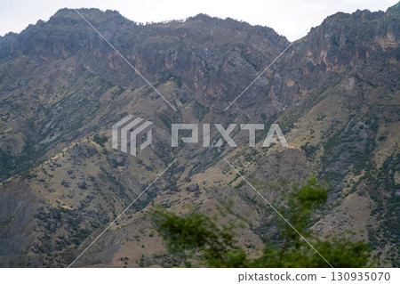 The mountains are covered in brown rocks and trees The mountains are covered in brown rocks and trees 130935070