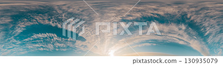 Sunset sky with bright glowing pink Cirrus clouds. Seamless spherical HDR 360 panorama. Full zenith or sky dome in 3D, sky replacement for aerial drone panoramas. Climate and weather change. 130935079