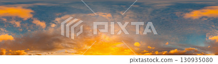 360 panorama of glowing sunset sky with bright pink Cumulus clouds. HDR 360 seamless spherical panorama. Full zenith or sky dome sky replacement for aerial drone panoramas. Climate and weather change. 130935080
