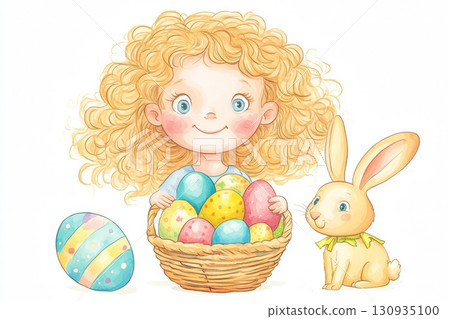 A curly girl is holding a basket full of Easter colored eggs 130935100