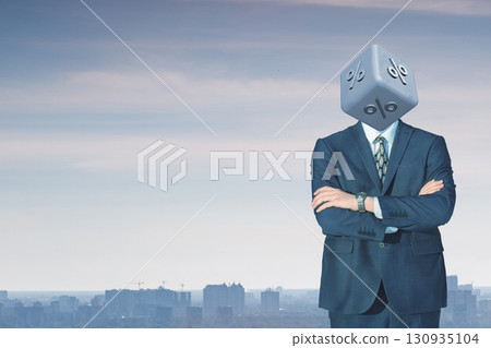 Business figure with a unique cube head in urban landscape. Business figure with a unique cube head in urban landscape. 130935104