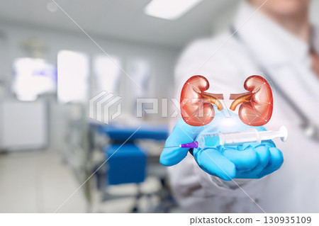 Medical professional displays kidney and syringe during examination. Medical professional displays kidney and syringe during examination. 130935109