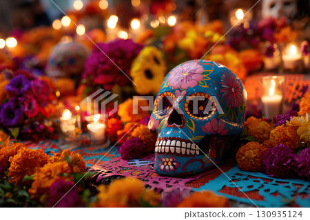 A decorative, beautifully painted skull with lush marigold buds and lit candles. A festive altar for the Day of the Dead. A decorative, beautifully painted skull with lush marigold buds and lit candles. A festive altar for the Day of the Dead. 130935124