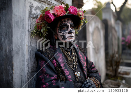 A woman in a festive dress and traditional makeup for the Day of the Dead sits in a cemetery. 130935126