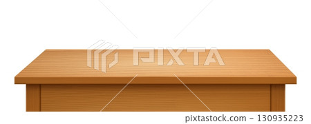 Wooden table. Wood desk, side and perspective view, brown kitchen tabletop with texture. Empty product counter, display. 3D realistic furniture isolated vector illustration Wooden table. Wood desk, side and perspective view, brown kitchen tabletop with texture. Empty product counter, display. 3D realistic furniture isolated vector illustration 130935223