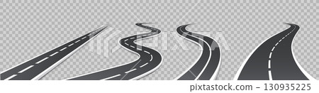 Road, winding highway. 3d asphalt path, car traffic curved way in perspective, journey pathway. Realistic race track, abstract street, speedway transport concept, infographics. Vector set 130935225