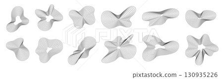 Dynamic wavy line shapes. Abstract organic amorphous wave shape with ripple, simple pattern fluid. Sound pulse graphic 3d spectrum. Digital spiral blob, black blend liquid effect. Vector set 130935226