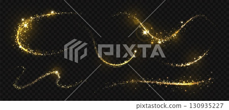 Gold light trail. Golden glitter magic effect, shining line swirl with star glow and sparks. Yellow wave with particles flare. Starry dust luxury bright decoration. 3d realistic vector set 130935227