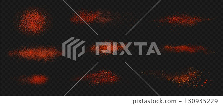 Chili pepper powder. Red paprika spice, masala hot spicy seasoning top view, paprika splashes. Chili pepper scatter. Indian and Mexican cuisine food ingredient. Vector realistic isolated set 130935229