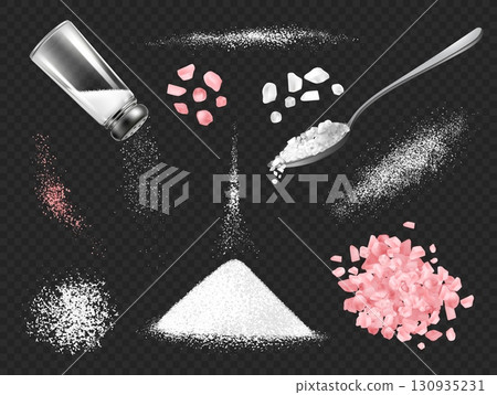 Sea salt powder. Pink and white salt grains with spoon, salt shaker. Scattered salty kitchen natural mineral, spice pile, food ingredient. Vector realistic isolated set Sea salt powder. Pink and white salt grains with spoon, salt shaker. Scattered salty kitchen natural mineral, spice pile, food ingredient. Vector realistic isolated set 130935231