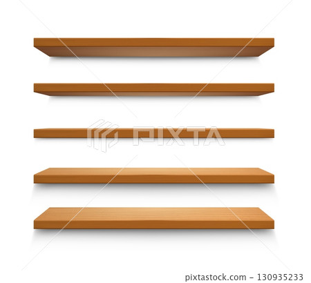 Wooden shelves. Wood shelf, 3D empty wall bookshelf with shadow and perspective, book box, bar furniture for store display or home library. Vector isolated realistic template 130935233