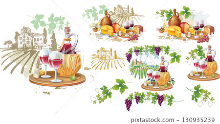 Mediterranean Wine and Cheese Still life Set 130935239