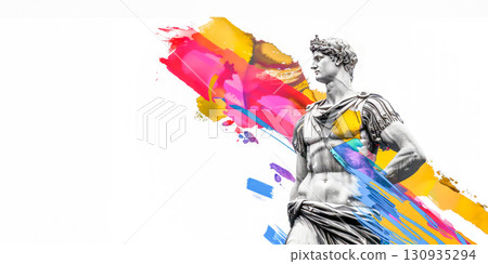 Classical statue is juxtaposed with bold splashes of vibrant paint, merging ancient artistry with contemporary creativity. Concept of modern art, reinterpretation of tradition, and cultural fusion 130935294
