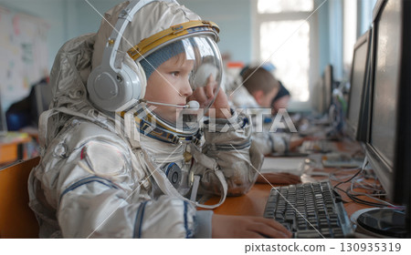 A child in an astronaut costume, complete with a helmet and headphones, intently uses a computer. Themes of excitement of learning and imagination, blending technology with dreams of space exploration 130935319