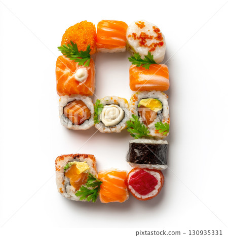 A top-down shot of a number "9" formed entirely from an assortment of fresh sushi pieces. The vibrant colors and textures of salmon, rice, nori, and roe create an appetizing and innovative visual A top-down shot of a number "9" formed entirely from an assortment of fresh sushi pieces. The vibrant colors and textures of salmon, rice, nori, and roe create an appetizing and innovative visual 130935331