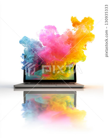 Vibrant Clouds of Multi-Colored Ink Exploding Out of a Laptop Screen with a Reflection Below. Symbolizes Digital Creativity, Artistic Expression, and the Exciting World of Modern Technology. Vibrant Clouds of Multi-Colored Ink Exploding Out of a Laptop Screen with a Reflection Below. Symbolizes Digital Creativity, Artistic Expression, and the Exciting World of Modern Technology. 130935333