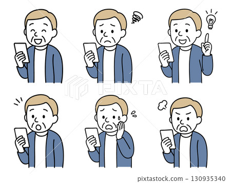 [各種表情] 拿著智慧型手機的老人 130935340