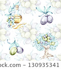 Olives and olive oil seamless pattern background wallpaper in watercolor style inspired by Italian cuisine and nature’s beauty 130935341
