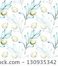 Seamless pattern of olives and olive oil in watercolor technique featuring elements of Italian cuisine and nature ideal for backgrounds and wallpapers 130935342