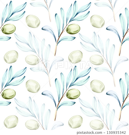 Seamless pattern of olives and olive oil in watercolor technique featuring elements of Italian cuisine and nature ideal for backgrounds and wallpapers Seamless pattern of olives and olive oil in watercolor technique featuring elements of Italian cuisine and nature ideal for backgrounds and wallpapers 130935342