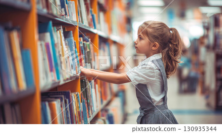 A Curious Young Girl in a School Uniform Reaches for a Book on a Shelf in Library. Represents a Child's Love for Reading, Education, Discovery, Capturing Quiet Moment of Learning, Exploration 130935344