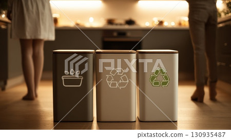 Modern Kitchen with Recycling Bins Emphasizing Eco-Friendly Waste Management Modern Kitchen with Recycling Bins Emphasizing Eco-Friendly Waste Management 130935487