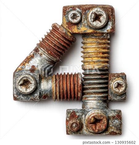 Stylized number 4, intricately crafted from an assortment of rusty metal hardware, bolts, and screws, creating a unique and rugged industrial art piece Stylized number 4, intricately crafted from an assortment of rusty metal hardware, bolts, and screws, creating a unique and rugged industrial art piece 130935602